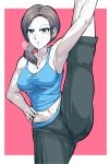  1girl armpits black_hair breasts colored_skin highres long_hair looking_at_viewer midriff navel open_mouth ponytail shimure_(460) solo split standing standing_on_one_leg standing_split super_smash_bros. tank_top white_skin wii_fit wii_fit_trainer wii_fit_trainer_(female) 
