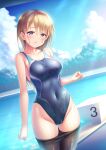  1girl bangs black_legwear blonde_hair blue_eyes blue_swimsuit blush breasts clothes_pull collarbone competition_swimsuit covered_navel cowboy_shot day groin hand_up highleg highleg_swimsuit highres long_hair looking_at_viewer medium_breasts one-piece_swimsuit original outdoors pantyhose pantyhose_pull parted_lips pool poolside shiny shiny_clothes smile solo standing starting_block sunlight swimsuit taut_clothes taut_swimsuit wet yuurei_yashiki 