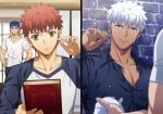  3boys akujiki59 alternate_hairstyle archer_(fate) black_shirt blue_hair book cu_chulainn_(fate) cu_chulainn_(fate/stay_night) dark-skinned_male dark_skin emiya_shirou fate/stay_night fate_(series) holding holding_book male_cleavage male_focus messy_hair multiple_boys official_style partially_unbuttoned pectorals ponytail red_eyes shirt short_hair spiky_hair toned toned_male wet wet_hair white_hair white_shirt 