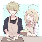  1boy 1girl ahoge amami_rantarou apron bangs basket blonde_hair blush breasts closed_eyes collarbone collared_shirt cutting_onions dangan_ronpa_(series) dangan_ronpa_v3:_killing_harmony eyebrows_visible_through_hair facing_viewer fc_(efushii) flying_sweatdrops food grey_background holding holding_knife jewelry kitchen_knife knife long_hair medium_breasts necklace necktie onion open_mouth pink_vest shirt striped striped_shirt tears upper_body vest white_shirt 