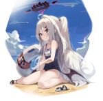  1girl absurdres ahoge barefoot beach blue_archive blush closed_mouth eyes_visible_through_hair feet grey_hair halo highres hina_(blue_archive) innertube kitk_qun legs long_hair looking_at_viewer name_tag one-piece_swimsuit pink_eyes sandals school_swimsuit sitting solo swimsuit thighs white_hair wings 
