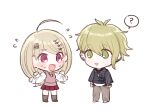  1boy 1girl :d ? ahoge akamatsu_kaede amami_rantarou antenna_hair bangs blush chibi dangan_ronpa_(series) dangan_ronpa_v3:_killing_harmony eighth_note eyebrows_visible_through_hair fc_(efushii) flying_sweatdrops full_body green_eyes green_hair hair_ornament jewelry long_hair miniskirt musical_note musical_note_hair_ornament necklace necktie open_mouth pants pink_vest pleated_skirt shiny shiny_hair shirt short_hair skirt smile spoken_question_mark standing striped striped_shirt sweat vest white_shirt 