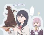  ... 2girls ? bangs black_hair blue_eyes bow bowtie candy cardigan chocolate chocolate_bar collared_shirt commentary_request confused covered_mouth eyebrows_visible_through_hair food grey_background grey_cardigan gridman_universe holding holding_chocolate holding_food holding_tray jacket kaijuu long_hair long_sleeves looking_at_object lyy multiple_girls off_shoulder parted_lips pink_hair pink_neckwear purple_jacket red_eyes red_neckwear scrunchie sculpture shinjou_akane shirt short_hair spoken_ellipsis spoken_question_mark ssss.gridman takarada_rikka translated tray upper_body v-shaped_eyebrows white_shirt wrist_scrunchie 
