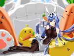  &gt;_&lt; 1girl :3 absurdres azur_lane bare_shoulders black_footwear black_legwear blue_eyes blue_hair bodystocking breasts carrot clothing_cutout elbow_gloves food gloves headgear high_heels highres holding holding_food huge_filesize ksami large_breasts long_hair looking_at_viewer lying manjuu_(azur_lane) new_jersey_(azur_lane) on_side pantyhose shoes solo stomach_cutout thighband_pantyhose very_long_hair white_gloves 