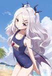  1girl :o absurdres ahoge armpits beach blue_archive blush bobby_pin clouds cloudy_sky eyebrows_visible_through_hair flat_chest grey_hair highres hina_(blue_archive) horns innertube kawa683 long_hair looking_at_viewer name_tag ocean one-piece_swimsuit open_mouth outdoors palm_tree pink_eyes school_swimsuit sidelocks sky solo standing swimsuit thighs tree twintails whistle whistle_around_neck white_hair wings 