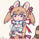  1girl animal_costume animal_ear_fluff animal_ears belt bow bowtie brown_eyes brown_hair cat_ears cat_girl cat_tail coffee extra_ears highres inada_roku kemono_friends kemono_friends_v_project large-spotted_genet_(kemono_friends) long_hair looking_at_viewer microphone multicolored_hair ribbon shirt simple_background skirt smile solo tail twintails virtual_youtuber 