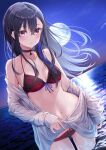  1girl bare_shoulders bikini black_bikini black_choker black_hair breasts choker collarbone dutch_angle ear_piercing floating_hair front-tie_bikini front-tie_top full_moon halterneck highres ichinose_uruha long_hair looking_at_viewer lupinus_virtual_games medium_breasts moon navel night ocean off_shoulder open_clothes outdoors parted_lips piercing see-through sidelocks solo standing stomach string_bikini swimsuit toki_(toki_ship8) violet_eyes virtual_youtuber wading water 