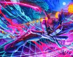  1girl autobot city dragon energy_sword highres holding holding_sword holding_weapon looking_at_viewer mecha moon night night_sky open_hand open_mouth science_fiction sky solo sword transformers weapon white_eyes windblade yasukuni_kazumasa 
