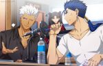  1girl 2boys akujiki59 alternate_costume anger_vein archer_(fate) black_shirt blue_hair bottle casual cu_chulainn_(fate) cu_chulainn_(fate/stay_night) dark-skinned_male dark_skin fate/stay_night fate_(series) male_cleavage male_focus microphone multiple_boys official_style partially_unbuttoned pectorals pen ponytail red_eyes shirt short_hair spiky_hair tohsaka_rin toned toned_male upper_body white_hair white_shirt 