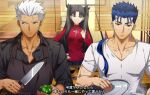  1girl 2boys akujiki59 apron archer_(fate) black_apron blue_hair casual cooking cu_chulainn_(fate) cu_chulainn_(fate/stay_night) dark-skinned_male dark_skin fate/stay_night fate_(series) green_pepper holding holding_knife knife male_cleavage multiple_boys official_style pectorals ponytail red_eyes shirt short_hair spiky_hair subtitled sweatdrop tohsaka_rin toned toned_male translation_request twintails v-neck white_hair white_shirt 