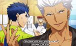  3boys akujiki59 anger_vein archer_(fate) blue_hair broken cu_chulainn_(fate) cu_chulainn_(fate/stay_night) dark-skinned_male dark_skin emiya_shirou fate/stay_night fate_(series) hawaiian_shirt looking_at_another male_focus multiple_boys official_alternate_costume official_style plate ponytail red_eyes shirt short_hair spiky_hair subtitled toned toned_male translation_request upper_body white_hair 