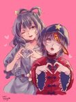  2girls :d :o bangs belt blue_dress blue_eyes blue_hair bow bowtie breasts cabbie_hat collarbone cropped_torso dated dress eyebrows_visible_through_hair finger_heart flat_chest flower hair_ornament hair_rings hair_stick hat hat_ornament head_tilt heart heart-shaped_pupils jiangshi kaku_seiga long_hair looking_at_viewer m_(neteitai10) medium_breasts miyako_yoshika multiple_girls ofuda one_eye_closed open_clothes open_mouth open_vest pink_background pink_flower purple_bow purple_hair purple_headwear purple_neckwear red_shirt shirt short_hair simple_background smile star_(symbol) star_hat_ornament symbol-shaped_pupils touhou upper_body vest violet_eyes white_vest wide_sleeves 