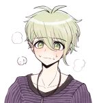  1boy amami_rantarou blush closed_mouth collarbone commentary_request dangan_ronpa_(series) dangan_ronpa_v3:_killing_harmony ear_piercing eyebrows_visible_through_hair face fc_(efushii) green_eyes hair_between_eyes jewelry looking_at_viewer male_focus necklace piercing shiny shiny_hair shirt short_hair simple_background solo striped striped_shirt sweat upper_body white_background 