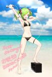  1girl ;d absurdres ahoge arm_strap armpits arms_up artpatient bare_shoulders barefoot beach bikini black_bikini black_choker blurry breasts choker clouds day delutaya depth_of_field green_hair hair_ornament halterneck happy_birthday highres holding indie_virtual_youtuber long_hair looking_at_viewer medium_breasts microphone navel one_eye_closed open_mouth outdoors red_eyes smile solo stomach string_bikini swimsuit thigh_strap thighs twintails virtual_youtuber 