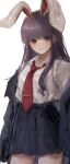 1girl :3 animal_ears b_nosk101 bangs blunt_bangs blurry blush breasts closed_mouth collared_shirt commentary cowboy_shot depth_of_field eyebrows_behind_hair highres large_breasts light_smile long_hair necktie pleated_skirt purple_hair purple_skirt rabbit_ears red_eyes red_neckwear reisen_udongein_inaba shirt simple_background skirt solo suit_jacket touhou very_long_hair white_background white_shirt 