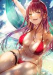  1girl ass_visible_through_thighs beach bikini breasts day dutch_angle earrings heterochromia highres hololive houshou_marine jewelry killy_doodle large_breasts long_hair looking_at_viewer navel necklace red_bikini redhead solo swimsuit thigh_strap virtual_youtuber water wet 