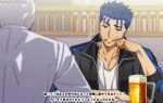  2boys akujiki59 alcohol alternate_costume archer_(fate) beer blue_hair cigarette contemporary cu_chulainn_(fate) cu_chulainn_(fate/stay_night) dark-skinned_male dark_skin elbow_rest fate/stay_night fate_(series) jacket male_focus multiple_boys official_style red_eyes shirt short_hair smirk smoking spiky_hair track_jacket translation_request upper_body white_hair white_shirt 