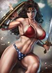  1girl artist_name ass_visible_through_thighs bikini black_hair blue_eyes breasts circlet commentary dandon_fuga dc_comics deflect highres holding holding_shield holding_sword holding_weapon large_breasts lips long_hair looking_at_viewer muscular muscular_female navel parted_lips shield solo swimsuit sword teeth watermark weapon western_comics wonder_woman 