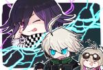  1girl 3boys ahoge antenna_hair arm_up bangs black_background black_headwear blue_eyes checkered checkered_neckwear checkered_scarf chibi clenched_hand commentary_request dangan_ronpa_(series) dangan_ronpa_v3:_killing_harmony fc_(efushii) glowing glowing_eyes goggles goggles_on_head grey_hair hand_up iruma_miu keebo long_sleeves multiple_boys open_mouth ouma_kokichi outline pink_eyes pink_shirt power_armor saihara_shuuichi scarf shiny shiny_hair shirt short_hair tongue tongue_out white_background white_outline 