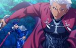  2boys akujiki59 archer_(fate) bangs blue_bodysuit blue_hair bodysuit covered_abs cu_chulainn_(fate) cu_chulainn_(fate/stay_night) dark-skinned_male dark_skin earrings fate/stay_night fate_(series) forest gae_bolg_(fate) grey_eyes grey_hair holding holding_weapon jewelry long_hair long_sleeves looking_at_another male_focus multiple_boys nature official_style open_mouth outdoors ponytail shoulder_plates standing tree weapon white_hair 