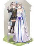  2girls boots bouquet cellphone cross-laced_footwear dress drill_hair flower girls_frontline holding holding_phone lace-up_boots multiple_girls phone pp-90_(girls_frontline) red_eyes selfie silver_hair skirt smartphone smile thigh-highs vector_(girls_frontline) wedding_dress wife_and_wife yellow_eyes yuemanhuaikong yuri 