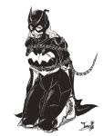  1girl arms_behind_back ball_gag batgirl belt bound breasts cape captured chain chained dc_comics gag gagged kneeling large_breasts long_hair mask monochrome signature superhero tare-katsu torn_clothes white_background 