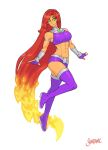  1girl abs absurdres armband artist_name bare_shoulders boots breasts dc_comics english_commentary fingerless_gloves fire gloves green_eyes highres large_breasts long_hair midriff muscular muscular_female navel parted_lips redhead shardanic short_shorts shorts simple_background sleeveless solo starfire teen_titans teeth thigh-highs thigh_boots very_long_hair watermark white_background 