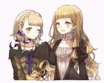  2girls :o absurdres bangs blonde_hair braid briar_rose_(sinoalice) brown_dress closed_mouth dress fang green_eyes hair_between_eyes hair_ribbon highres little_red_riding_hood_(sinoalice) long_hair long_sleeves looking_at_viewer multiple_girls nightgown one_eye_closed open_mouth pajamas pink_background ribbon rico_tta short_hair simple_background sinoalice thorns wavy_hair yellow_eyes 