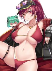  2girls absurdres bikini black_headwear black_jacket blush breast_envy breasts cho!cho! curvy earrings eyewear_on_head halterneck heart heart_earrings heart_necklace heterochromia high_ponytail highres hololive houshou_marine jacket jewelry large_breasts looking_at_viewer multiple_girls navel open_clothes open_jacket red_bikini red_eyes redhead sleeves_past_wrists solo_focus swimsuit thigh_strap thighs under_boob uruha_rushia virtual_youtuber white_background yellow_eyes 