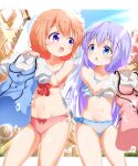  2girls absurdres blue_eyes bow bow_panties bra bubble clothes_removed clothesline clouds collarbone day eye_contact fence gochuumon_wa_usagi_desu_ka? highres hoto_cocoa house kafuu_chino letterboxed light_blue_hair light_blush long_hair looking_at_another multiple_girls navel open_mouth orange_hair outdoors painter-lhb panties rabbit_house_uniform short_hair sky smile sunlight underwear underwear_only very_long_hair violet_eyes window wooden_fence 