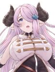  1girl asymmetrical_gloves blue_eyes braid breasts draph elbow_gloves gloves granblue_fantasy hair_ornament hair_over_one_eye hairclip highres horns large_breasts light_purple_hair long_hair narmaya_(granblue_fantasy) open_mouth pointy_ears side_braid sleeveless solo teriton upper_body very_long_hair 