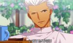  1boy akujiki59 archer_(fate) cup dark-skinned_male dark_skin fate/stay_night fate_(series) male_focus mug official_style one_eye_closed short_hair smile solo spiky_hair subtitled translation_request upper_body white_hair 