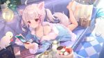  1girl :o absurdres animal_ears animal_slippers bangs bare_legs barefoot bird blue_pajamas box cake commentary_request couch cup cushion eyebrows_visible_through_hair feet_up food fox_ears fox_girl fox_tail fur_trim gift gift_box hair_ornament hair_tie highres holding indie_virtual_youtuber lamp legs_up long_sleeves looking_at_viewer lying nintendo_switch on_couch on_stomach pajamas pink_hair pink_tail plant potted_plant red_eyes revision shoes_removed short_twintails sidelocks slippers solo somna tail tea_set teacup teapot the_pose twintails virtual_youtuber xue_hu_sang 
