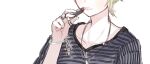  1boy amami_rantarou bangs blonde_hair bracelet collarbone commentary_request cosmetics dangan_ronpa_(series) dangan_ronpa_v3:_killing_harmony fc_(efushii) hand_up head_out_of_frame holding jewelry lipstick_tube male_focus necklace off_shoulder pale_skin red_lipstick_tube ring shirt short_hair simple_background solo striped striped_shirt thumb_ring upper_body white_background 