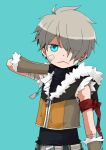  1boy armband bandaid bandaid_on_cheek bangs black_shirt blue_background blue_eyes brown_gloves brown_shirt closed_mouth commentary_request crop_top dog_tags eyebrows_visible_through_hair fur-trimmed_gloves fur-trimmed_shirt fur_trim gloves grey_hair hair_between_eyes kano_(coyotehunt) looking_at_viewer ragnarok_online shirt short_hair simple_background sleeveless sleeveless_shirt sniper_(ragnarok_online) solo upper_body zipper 