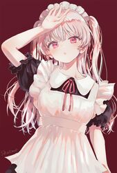  1girl :o apron bangs black_dress blush collarbone collared_dress commentary_request dress eyebrows_behind_hair frilled_apron frills highres long_hair looking_at_viewer maid maid_apron maid_headdress neck_ribbon original parted_lips pink_hair puffy_short_sleeves puffy_sleeves red_background red_eyes red_ribbon ribbon sha2mo short_sleeves signature simple_background solo two_side_up very_long_hair white_apron 