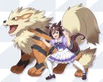  1girl 1other animal_ears arcanine bow bowtie brown_footwear brown_hair commentary ear_ornament frilled_skirt frills gen_1_pokemon highres horse_ears horse_girl horse_tail horseshoe_ornament loafers namesake pleated_skirt poking puffy_short_sleeves puffy_sleeves purple_bow purple_neckwear purple_shirt sailor_collar sailor_shirt school_uniform sharp_teeth shinko_windy_(umamusume) shirt shoes short_hair short_sleeves skirt tail teeth thigh-highs tomoyohi tracen_school_uniform umamusume violet_eyes white_legwear white_skirt 