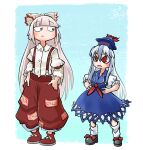  2girls bangs black_footwear blue_dress blue_hair bow chamaji collared_dress collared_shirt commentary_request dress eyebrows_visible_through_hair footwear_bow fujiwara_no_mokou hair_bow hands_on_hips hat height_difference kamishirasawa_keine long_hair long_sleeves multicolored_hair multiple_girls ofuda ofuda_on_clothes pants puffy_short_sleeves puffy_sleeves red_bow red_eyes red_footwear red_pants ribbon shirt shoes short_sleeves sidelocks signature silver_hair socks suspenders tokin_hat torn_clothes torn_sleeves touhou two-tone_hair very_long_hair white_hair white_legwear white_shirt 