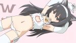  1girl :p arms_up bangs bell black_hair bra brown_eyes cat_cutout cat_ear_panties cat_lingerie choker closed_mouth clothing_cutout eyebrows_visible_through_hair flat_chest frilled_bra frills girls_und_panzer gloves groin hairband half-closed_eyes long_hair looking_at_viewer lowleg lowleg_panties lying meme_attire navel neck_bell on_back panties pink_background reizei_mako side-tie_panties simple_background smile solo string_panties tewarusa thigh-highs tongue tongue_out underwear underwear_only white_bra white_choker white_gloves white_hairband white_legwear 