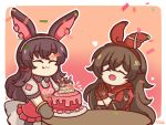  2girls amber_(genshin_impact) animal_ears april_(arknights) apron arknights bangs birthday_cake border brown_gloves brown_hair cake closed_eyes confetti crossed_bangs english_text eyebrows_visible_through_hair food genshin_impact gloves hair_between_eyes hair_ribbon hands_together highres long_hair mii_(sedaprasa) multiple_girls open_mouth oven_mitts pink_apron rabbit_ears red_ribbon ribbon tongue tongue_out white_border wooden_table 