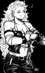  1girl abs artist_request blush breasts dorohedoro earrings gloves hair_ornament highres jewelry large_breasts long_hair looking_at_viewer monochrome muscular muscular_female navel noi_(dorohedoro) red_eyes simple_background smile solo white_hair 