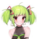  1girl bangs blush brown_eyes collarbone cowlick delutaya earrings english_commentary hair_behind_ear halter_top halterneck highres indie_virtual_youtuber jewelry looking_at_viewer maru_ccy portrait short_hair solo triangle_earrings twintails twitter_username virtual_youtuber white_background 