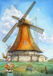  1girl absurdres apron basket blue_sky building clouds day dress fence flower furry grass highres long_neck miantiao135 orange_eyes original outdoors path scenery silver_hair sky solo tulip wheelbarrow windmill 