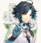  1boy ahoge arm_tattoo armor bare_shoulders bead_necklace beads black_hair closed_mouth creature eyebrows_visible_through_hair eyes_visible_through_hair eyeshadow facial_mark floral_background flower flyawaychan genshin_impact gloves green_gloves green_hair highres holding holding_creature jewelry leaf looking_at_viewer makeup male_focus medium_hair multicolored multicolored_hair necklace pauldrons red_eyes shoulder_armor single_bare_shoulder single_pauldron slit_pupils solo spikes tattoo turtleneck twitter_username upper_body white_flower wings xiao_(genshin_impact) yellow_eyes 