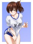  1girl akito_(sub707) alternate_costume blue_background blue_buruma border breasts brown_eyes brown_hair buruma collarbone embarrassed eyebrows_visible_through_hair gym_shirt gym_uniform hair_between_eyes highres kaga_(kancolle) kantai_collection large_breasts looking_at_viewer name_tag shirt short_sidetail short_sleeves side_ponytail solo white_border 