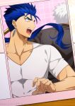  2boys akujiki59 archer_(fate) black_shirt blue_hair casual cu_chulainn_(fate) cu_chulainn_(fate/stay_night) dark-skinned_male dark_skin fate/stay_night fate_(series) looking_at_another male_cleavage male_focus multiple_boys official_style pectorals ponytail red_eyes running shirt short_hair spiky_hair toned toned_male v-neck white_hair white_shirt 