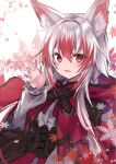  1girl animal_ears capelet claw_pose corset fox_ears highres hood hood_down hooded_capelet kohaku_ch. kure~pu long_hair long_sleeves looking_at_viewer multicolored_hair red_capelet red_eyes redhead shirt silver_hair streaked_hair syusetu_kohaku two-tone_hair white_shirt 