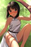  1girl :d absurdres arm_up bangs bare_arms bare_shoulders black_hair blurry blurry_background blush brown_eyes day depth_of_field dress eyebrows_visible_through_hair feet_out_of_frame highres in_tree long_hair looking_at_viewer matsunaga_kouyou nose_blush open_mouth original outdoors sitting sleeveless sleeveless_dress smile solo tree upper_teeth white_dress 