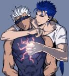  2boys akujiki59 archer_(fate) archer_alter bare_shoulders blindfold blue_hair covered_abs covered_navel cu_chulainn_(fate) cu_chulainn_(fate/stay_night) dark-skinned_male dark_skin fate/stay_night fate_(series) male_focus multiple_boys official_style pectorals ponytail red_eyes shirt short_hair sleeveless spiky_hair toned toned_male upper_body white_hair white_shirt 