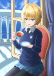  1girl balcony bangs black_legwear black_neckwear blonde_hair blue_eyes blue_skirt blue_sky blue_sweater blurry blurry_background braid cup darjeeling_(girls_und_panzer) day depth_of_field dress_shirt emblem eyebrows_visible_through_hair girls_und_panzer highres holding holding_cup holding_saucer indoors kzy5112 long_sleeves looking_at_viewer miniskirt necktie open_mouth pantyhose pleated_skirt saucer school_uniform shirt short_hair sitting skirt sky smile solo st._gloriana&#039;s_(emblem) st._gloriana&#039;s_school_uniform sweater tea teacup tied_hair v-neck white_shirt window wing_collar wooden_chair 